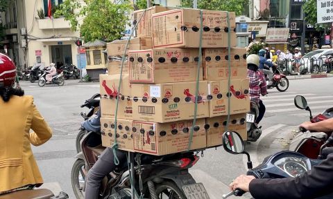 A motorcycle in traffic stacked high with boxes of shrimp