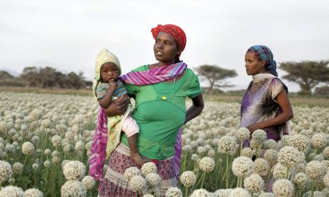 Woman with baby, center, woman, standing in field