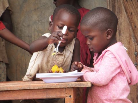 Ugandan children dig in to a plate of orange sweet potato.