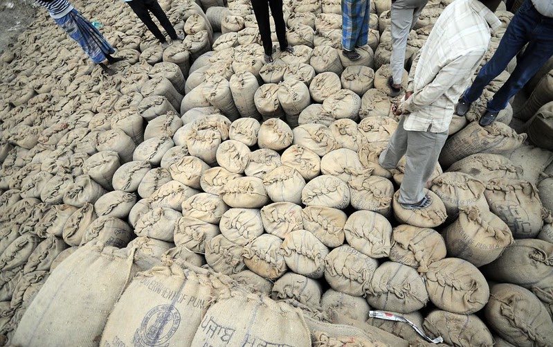 Rice bags at a rice packing center, India