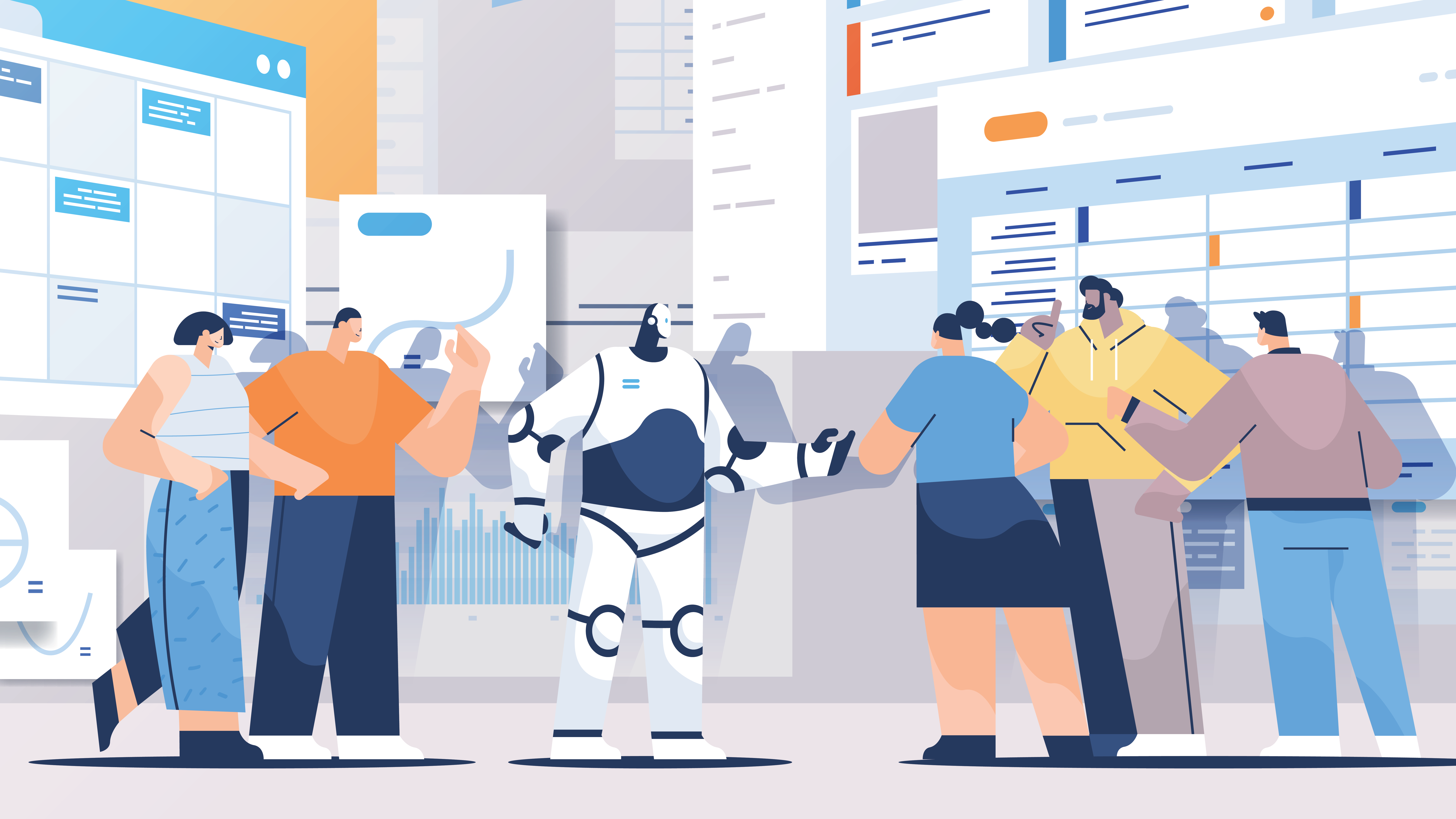 Illustration showing five human figures and robot gesturing at surrounding charts and graphs