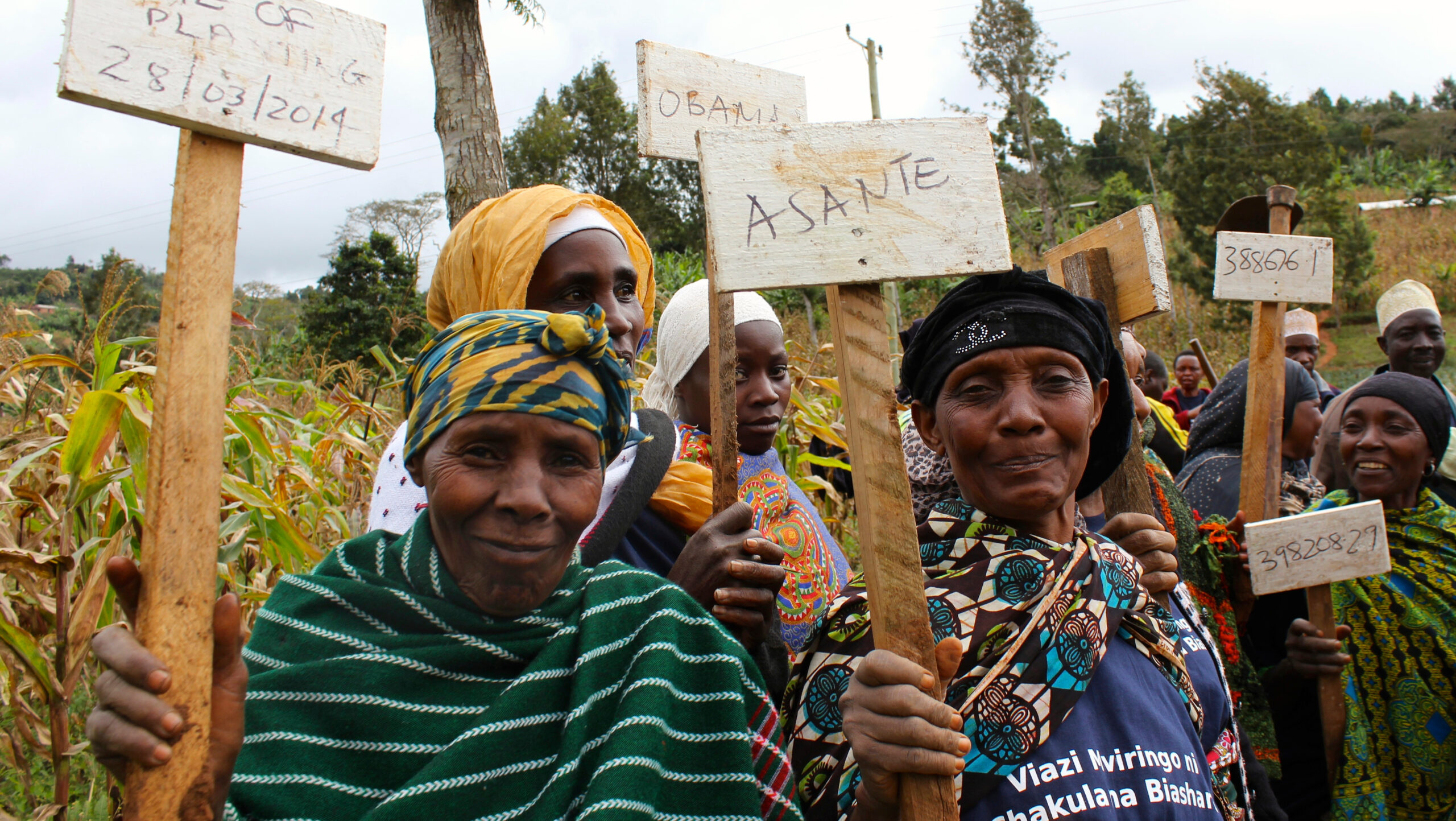 Group of women outdoors holding signs attached to wooden stakes