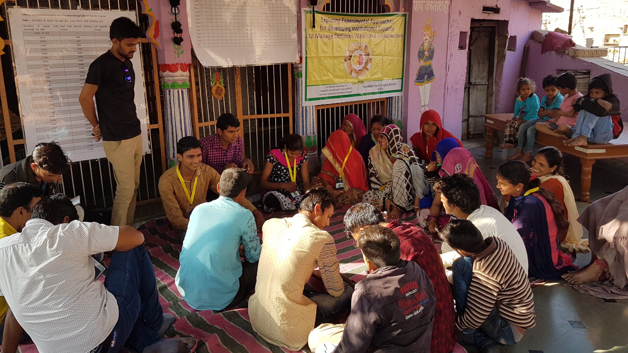 Men and women seated on rug outdoors next to building. One man standing, left. Children, right, seated on table.
