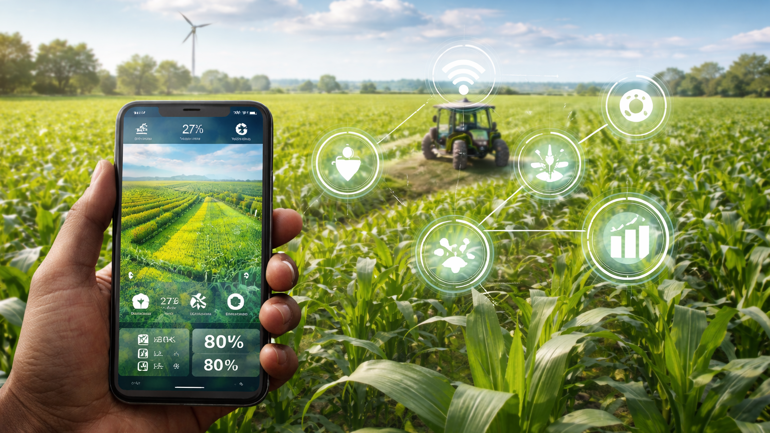 AI-generated image showing hand holding smartphone in front of agricultural field, with icons for various apps superimposed