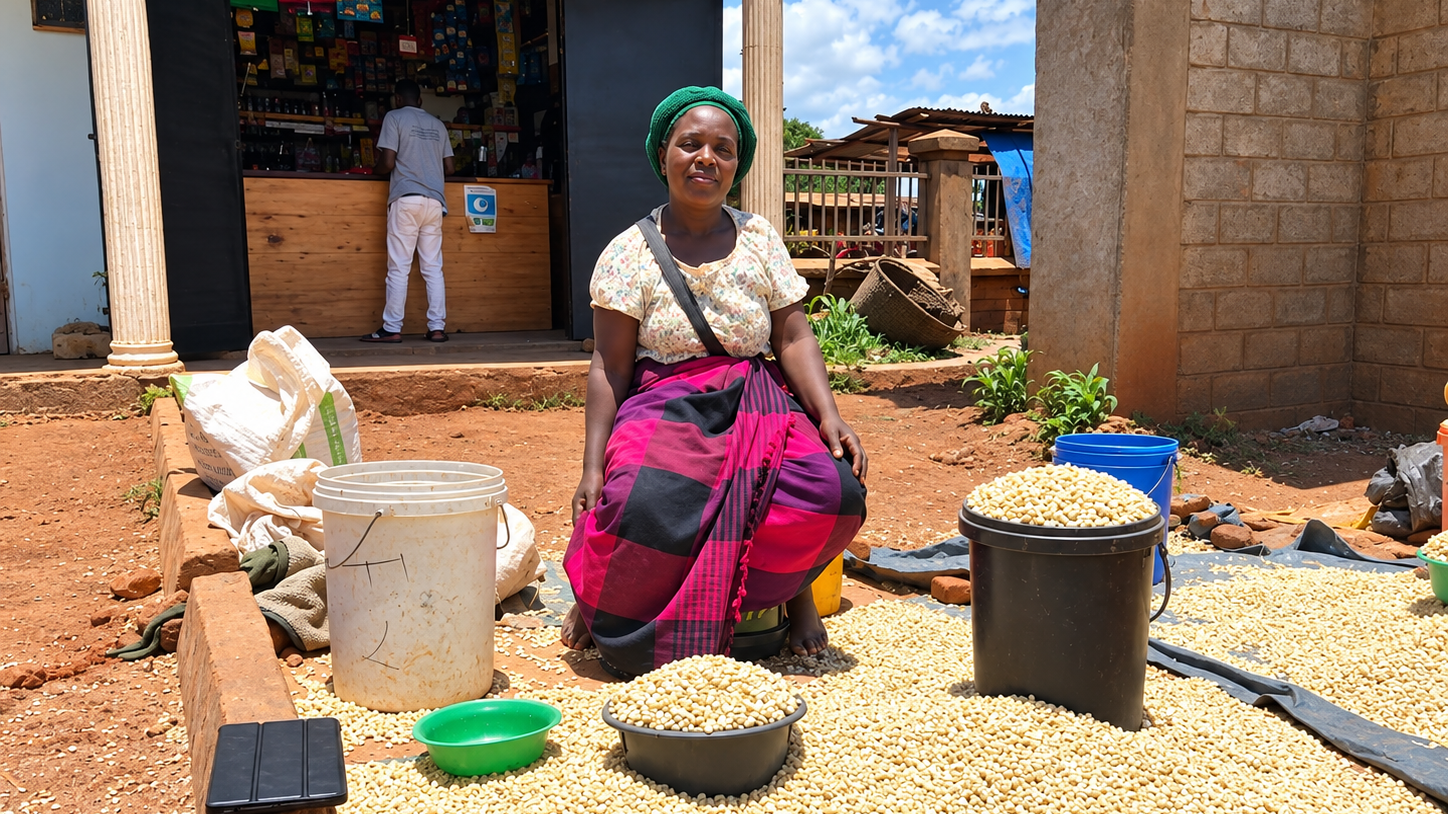 Woman, seated in marketplace with pile of maize and various buckets/containers around her.