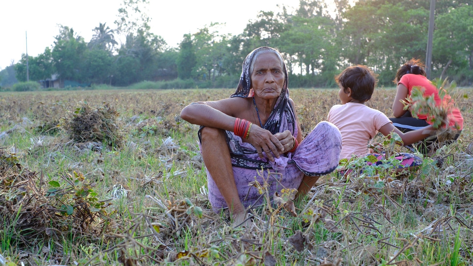 Old woman, center, sitting in field; two children, right.